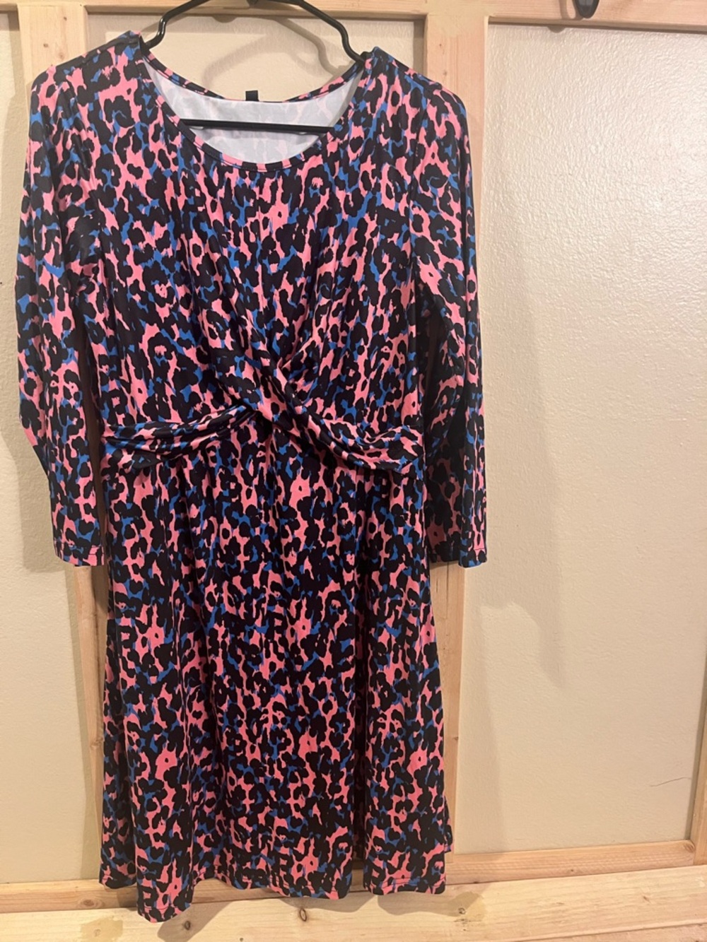 Twist-Front Midi Dress in Pink & Blue Leopard Print